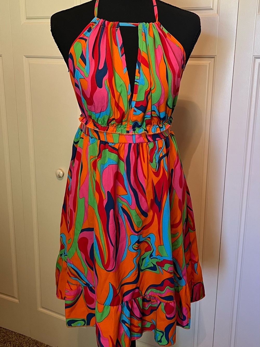 SHEIN Multicolor Abstract Halter Dress - Bright Orange, Pink, Green & Blue